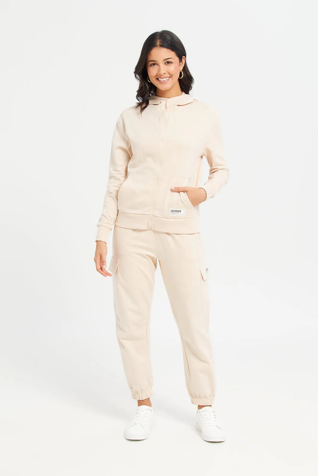 Women Beige Zip Through Hooded Sweatshirt