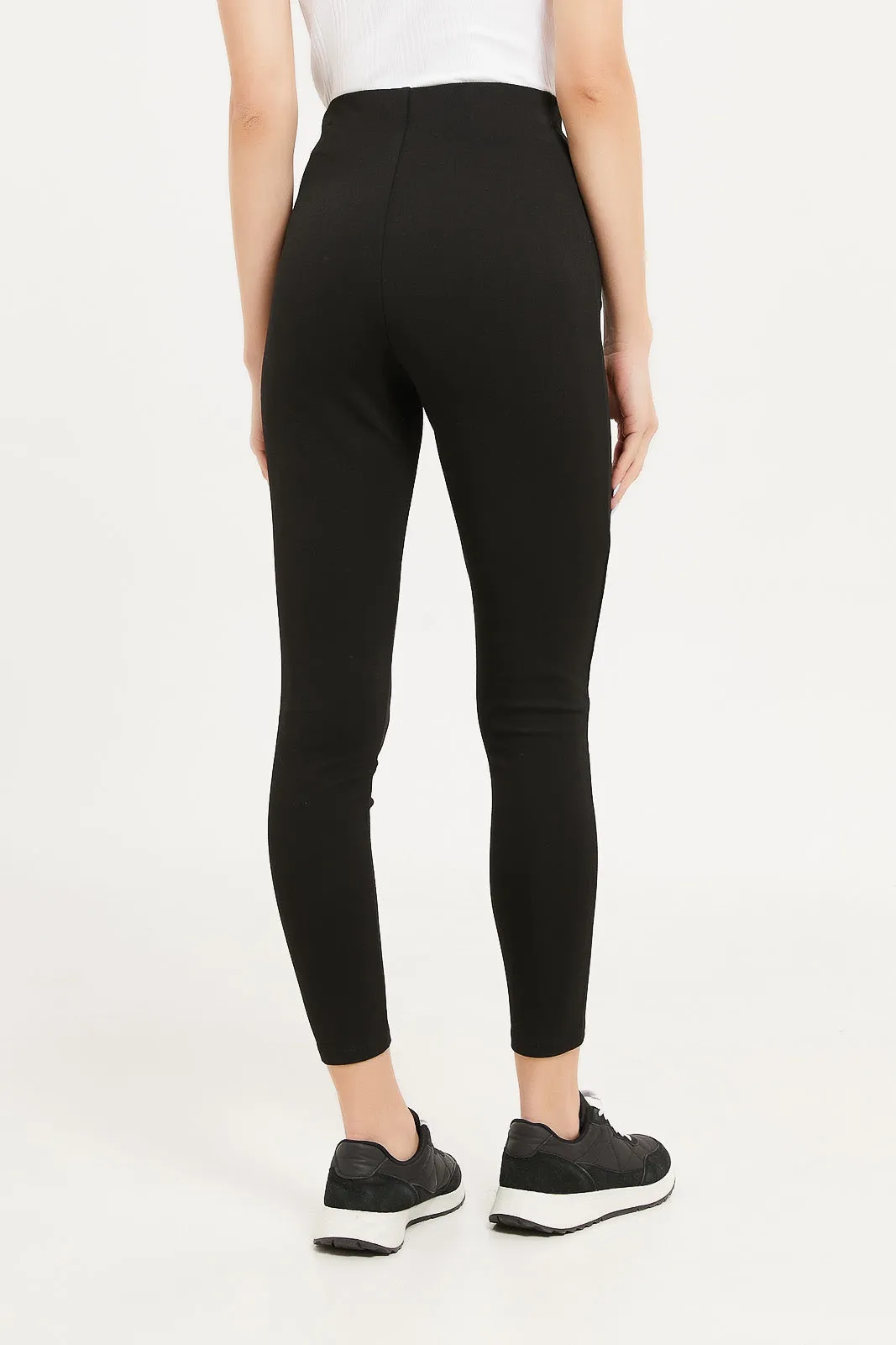 Women Black Full Length Legging With Button