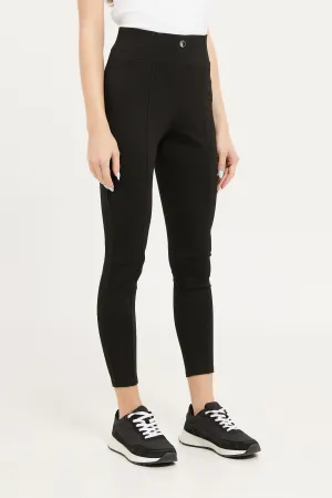 Women Black Full Length Legging With Button
