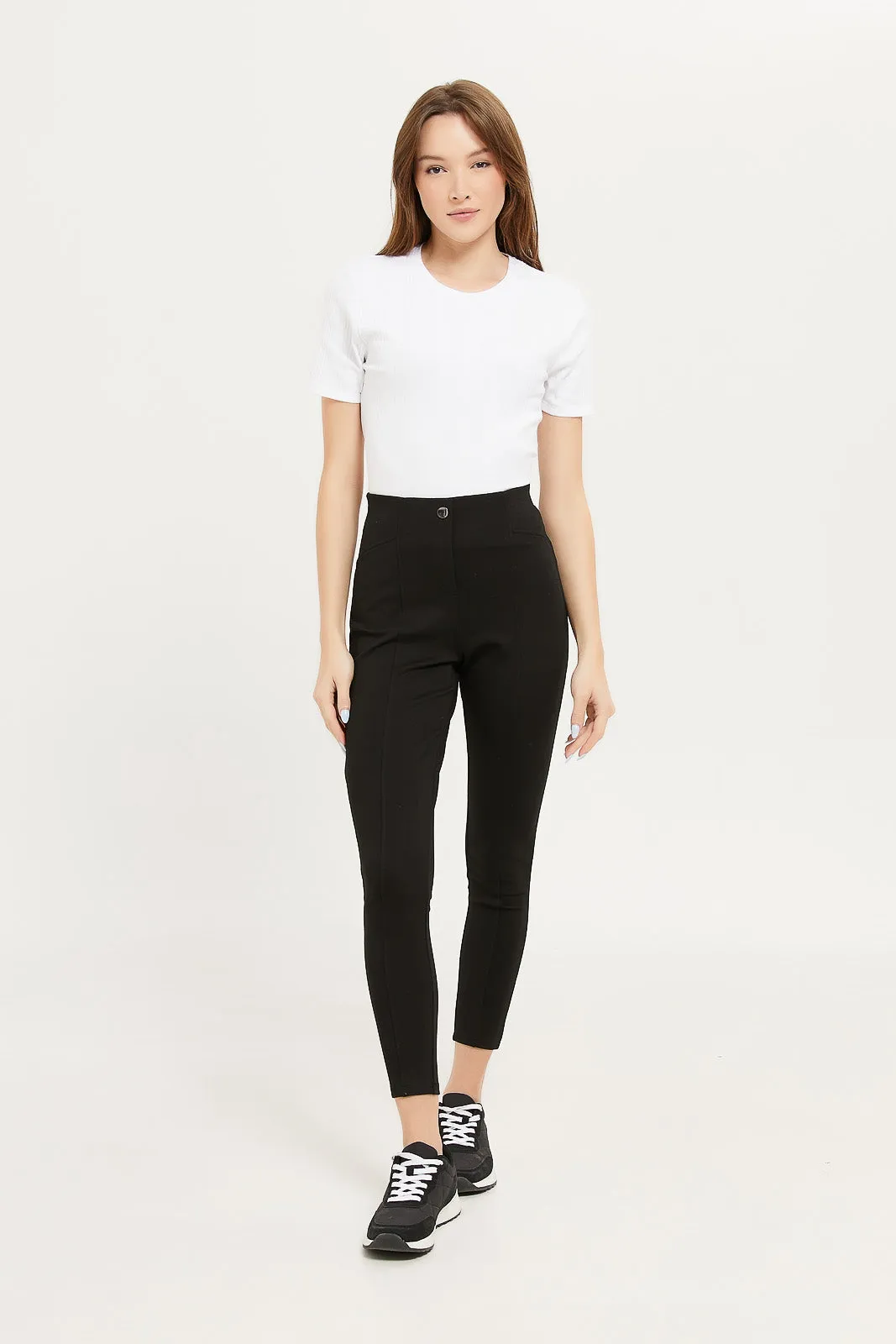 Women Black Full Length Legging With Button