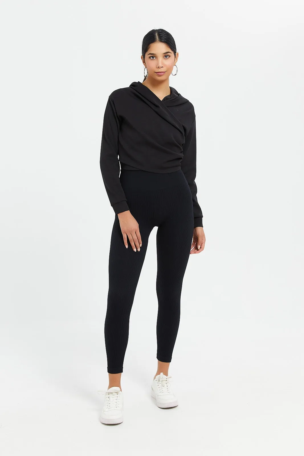 Women Black Hoodie With Wrap Over Front