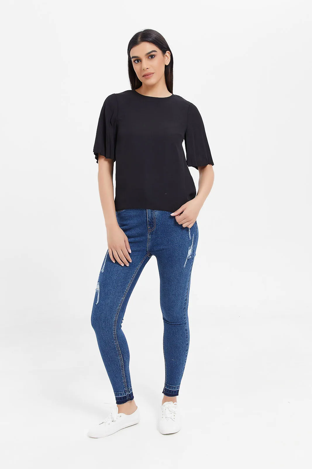 Women Black Pleated Sleeve Blouse