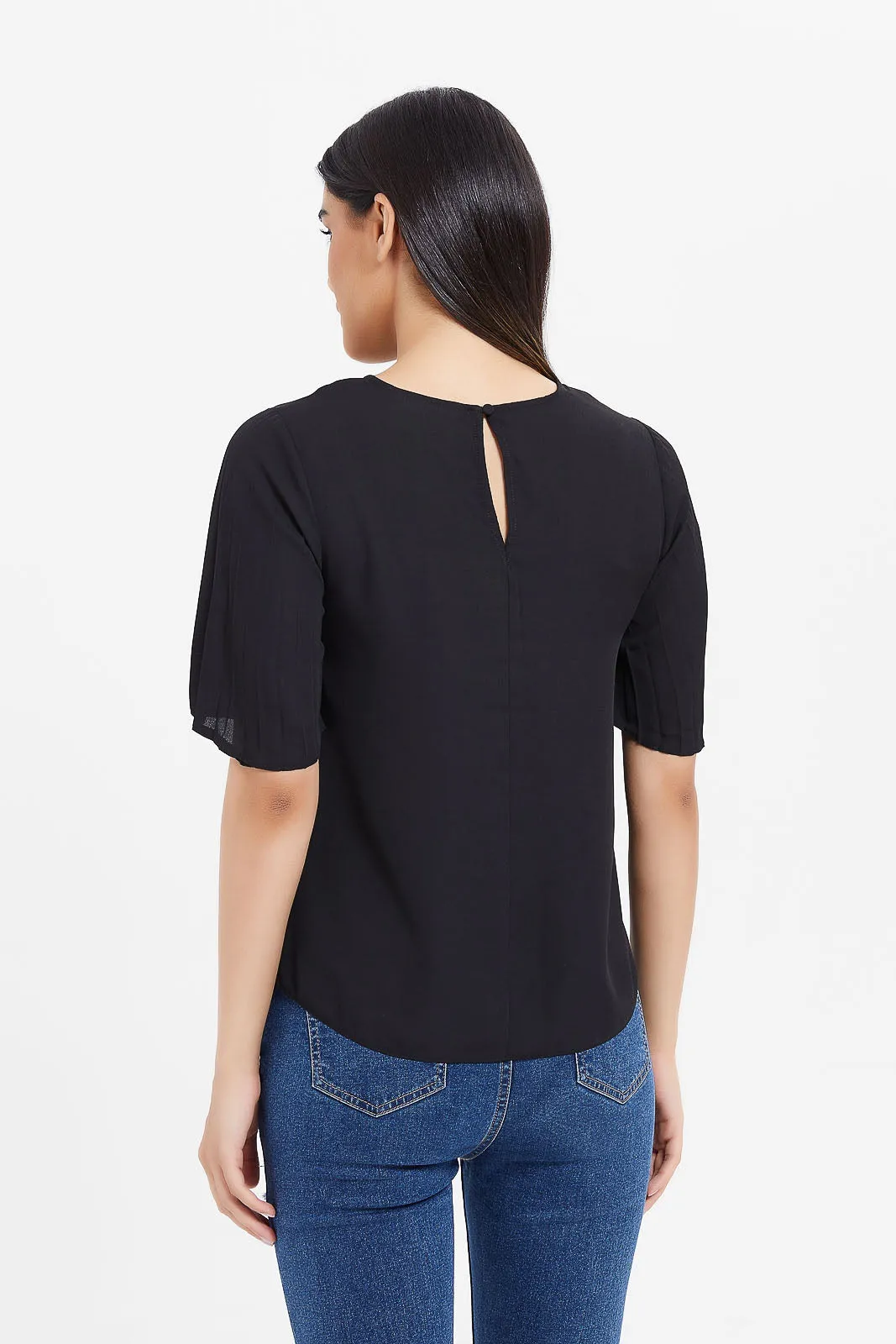 Women Black Pleated Sleeve Blouse