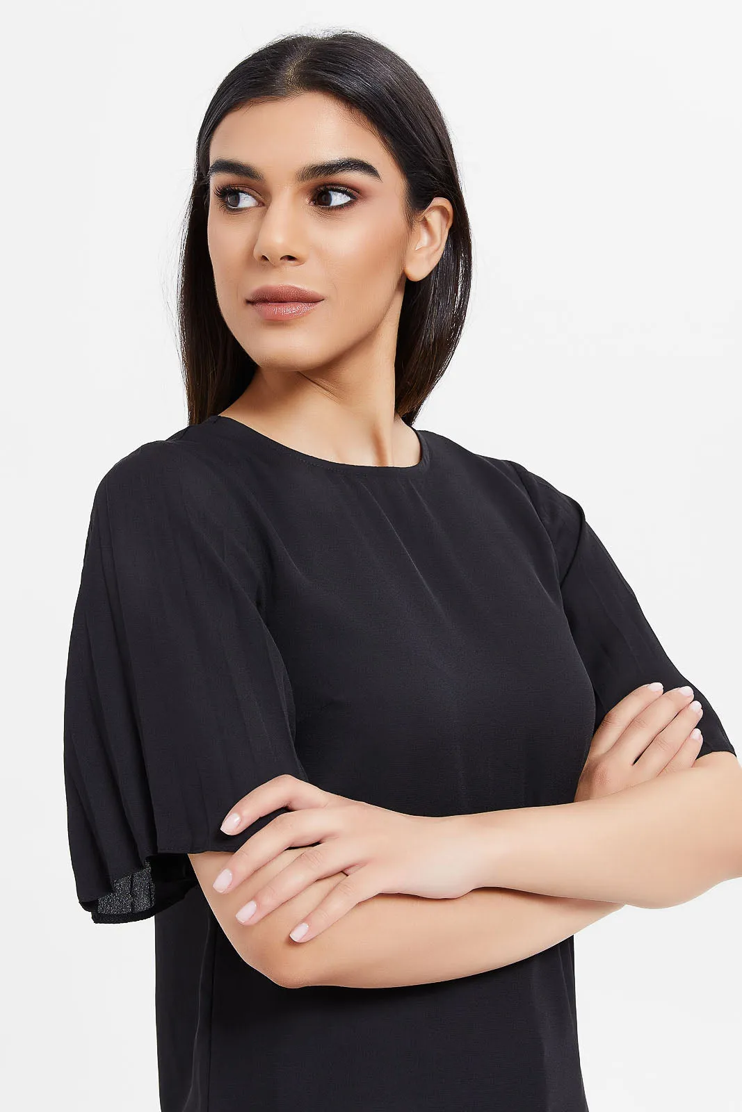 Women Black Pleated Sleeve Blouse