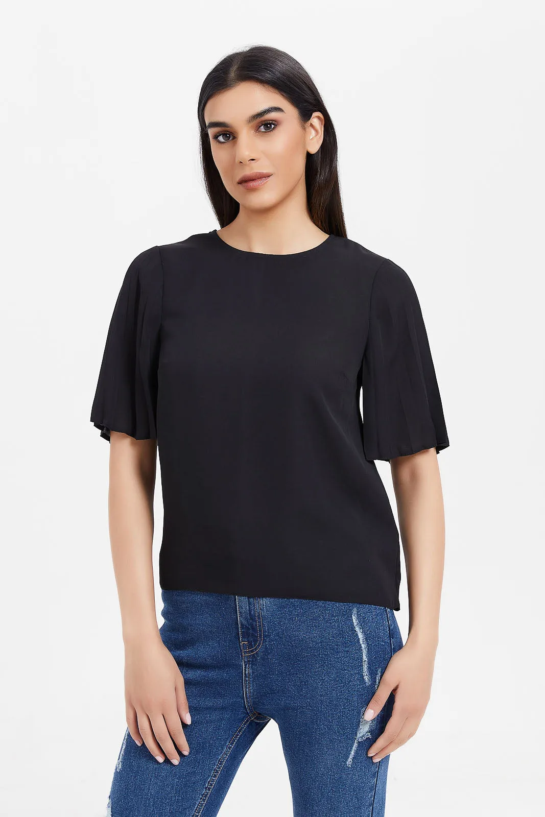 Women Black Pleated Sleeve Blouse