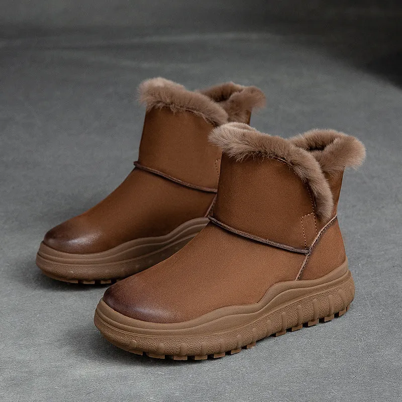 Women Minimalist Cowhide Leather Furred Snow Boots
