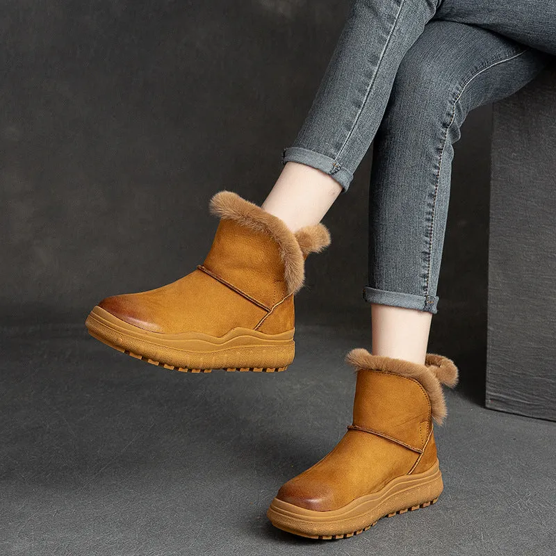 Women Minimalist Cowhide Leather Furred Snow Boots