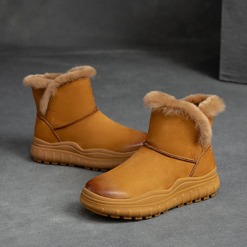 Women Minimalist Cowhide Leather Furred Snow Boots