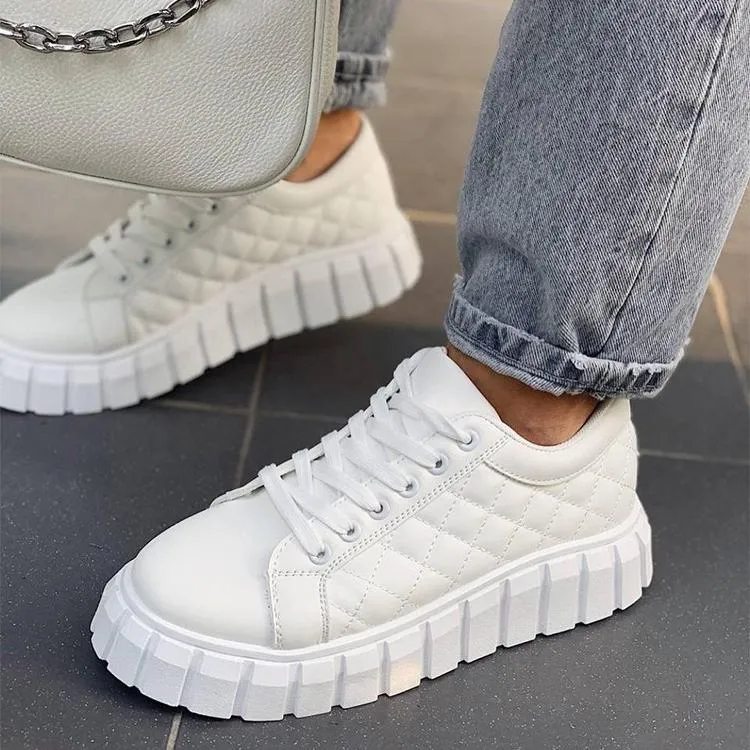 Women plaid stitching lace up thick sole sneakers white
