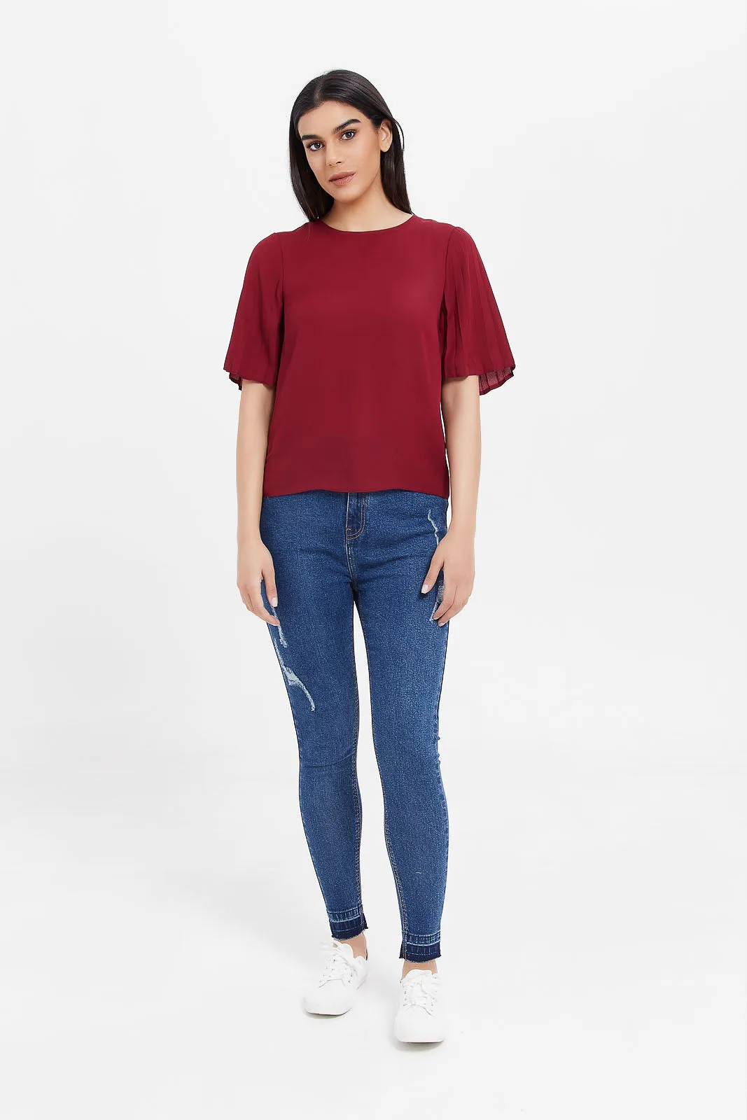 Women Red Pleated Sleeve Blouse