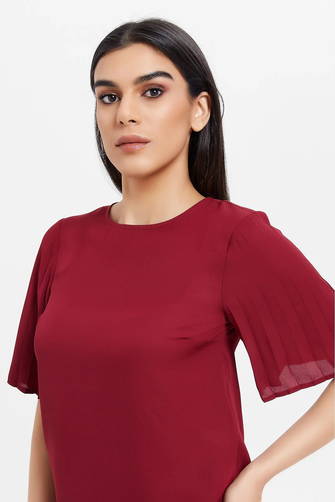 Women Red Pleated Sleeve Blouse