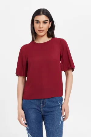 Women Red Pleated Sleeve Blouse