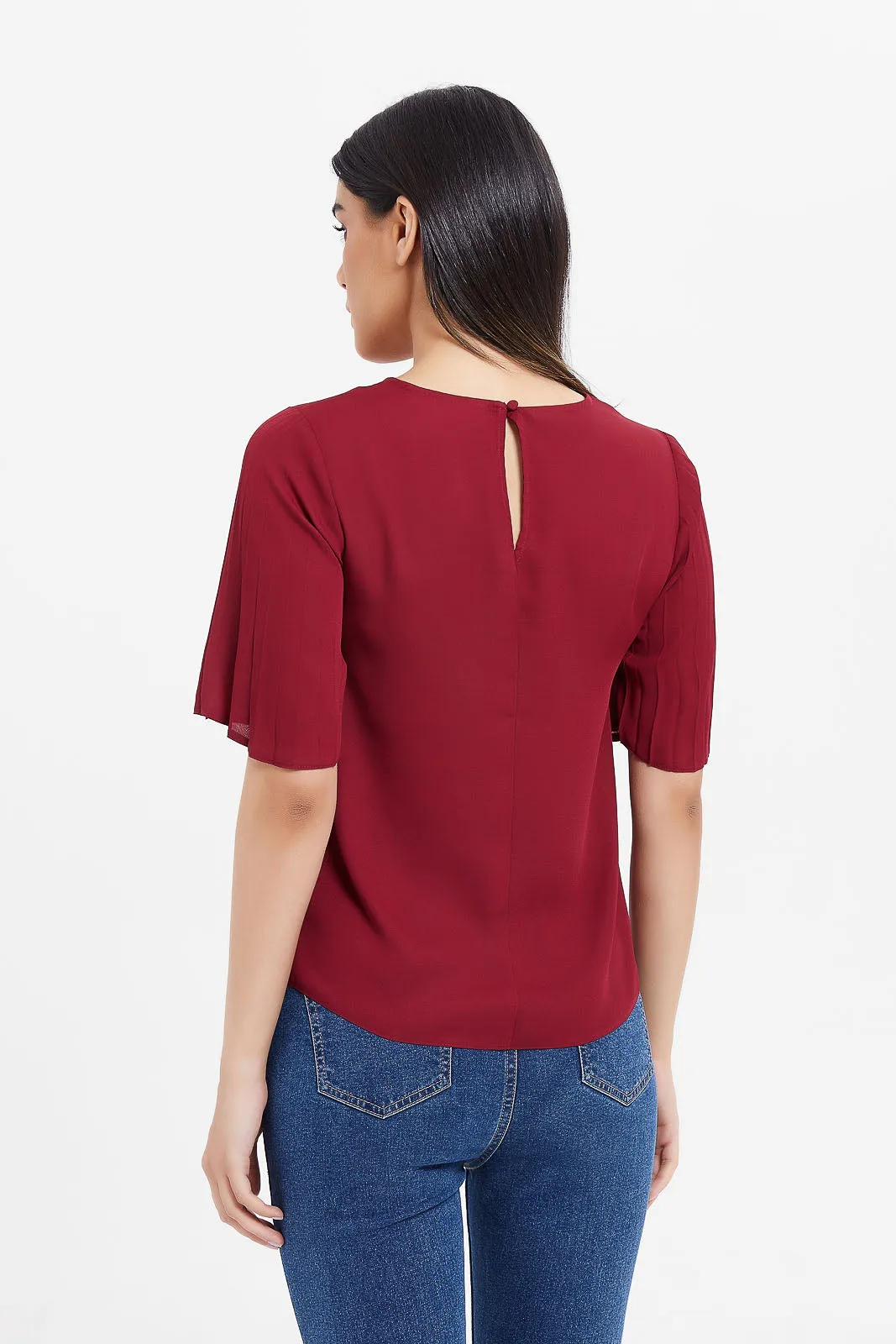 Women Red Pleated Sleeve Blouse