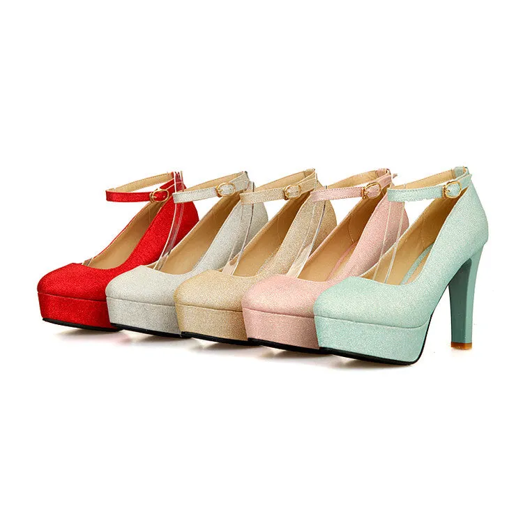 Women's Ankle Strap Sequined High Heel Platform Pumps