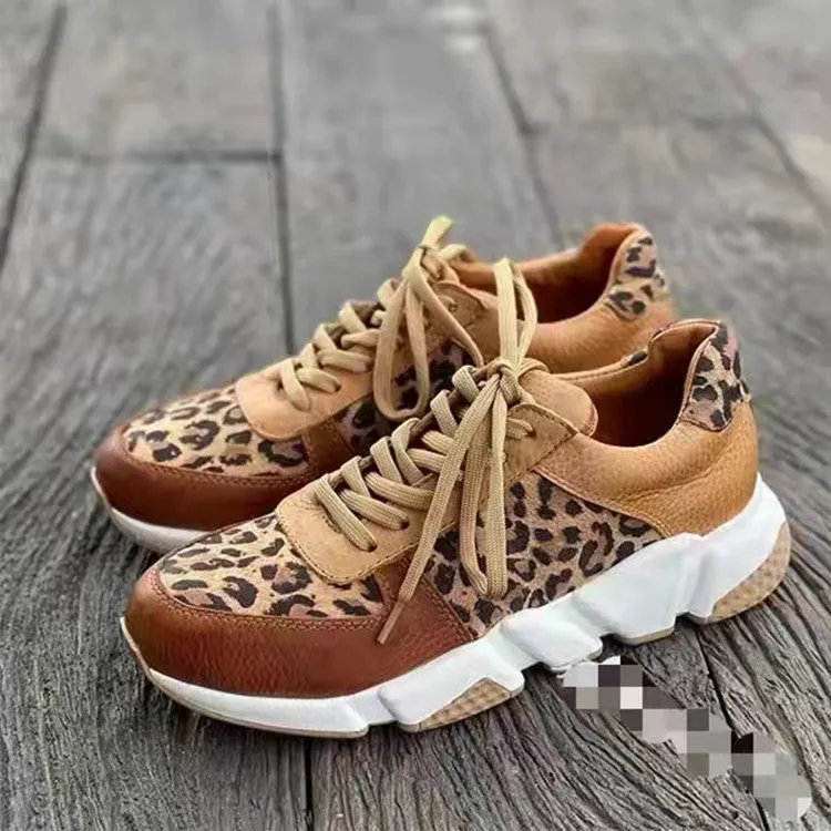 Women's Fashion Leopard Thicksoled Round Toe Lowtop  Stitching Laceup  Sneakers