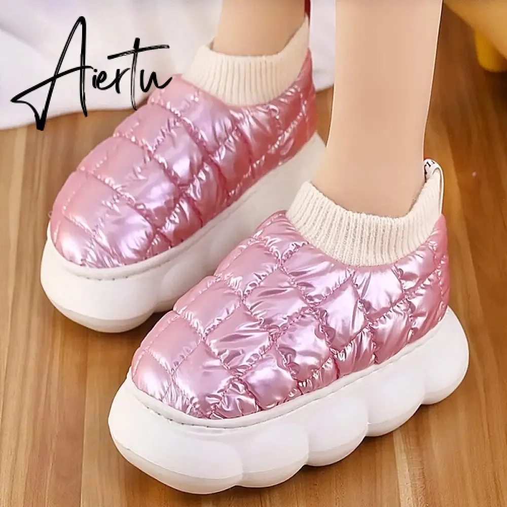 Women's Platform Boots Winter Pink Female Cotton Shoes Light Soft Down Waterproof Thick Heels Warm Furry Woman Ankle Boot