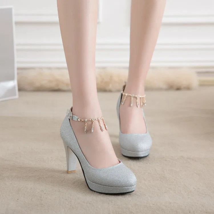 Women's Rhinestones Sequins Tassel Ankle Strap Block Heel Platform Wedding Pumps