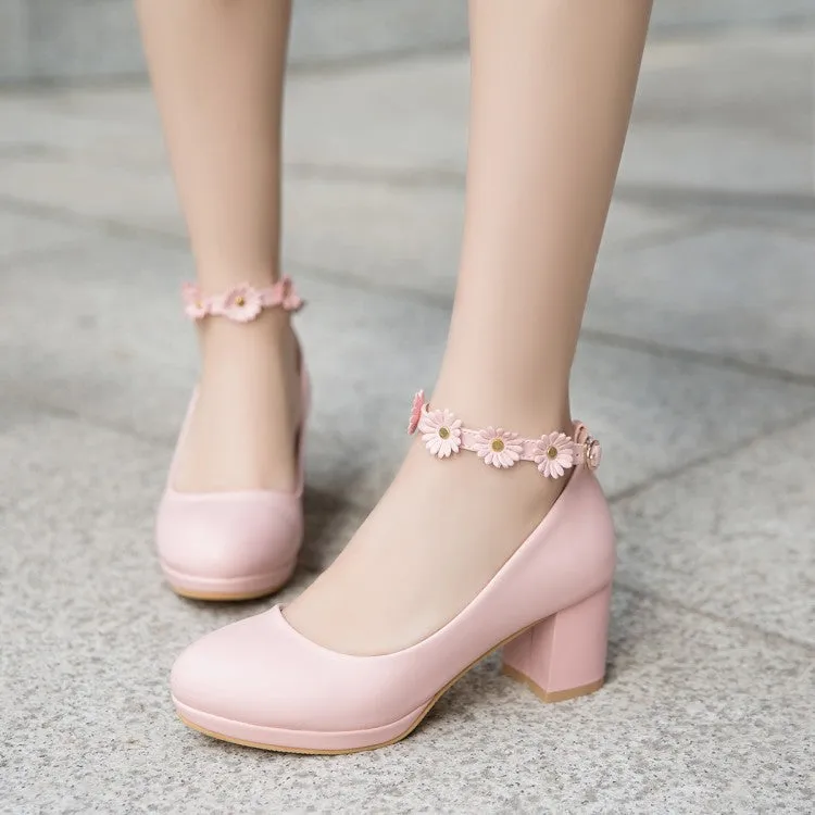 Women's Shallow Sunflower Ankle Strap Block Heel Platform Pumps